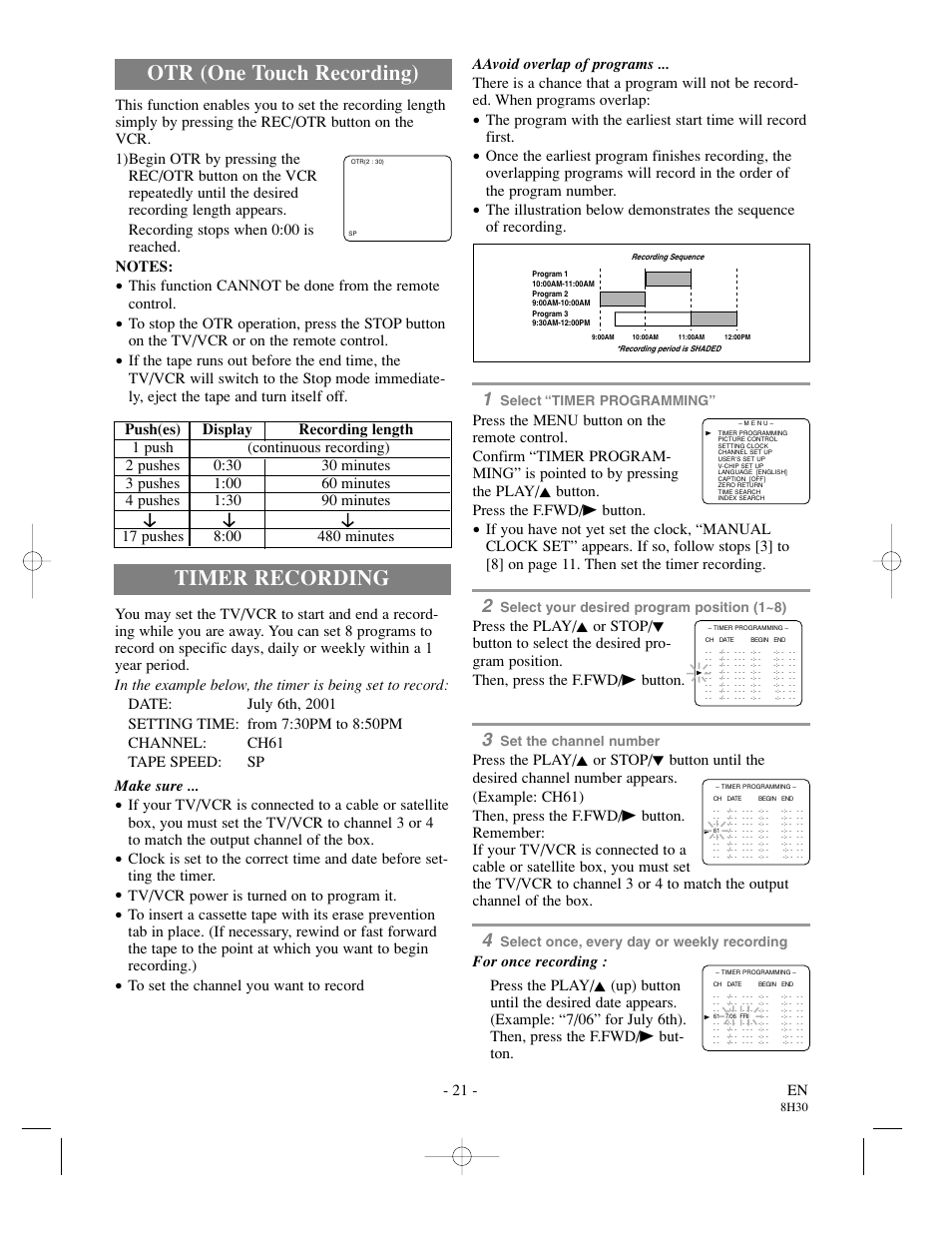 Timer recording, Otr (one touch recording), 21 - en | Tv/vcr power is turned on to program it, Select “timer programming, Select your desired program position (1~8), Set the channel number, Select once, every day or weekly recording | Sylvania SRC21135 User Manual | Page 21 / 31