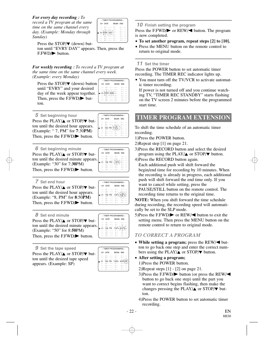 Timer program extension, 22 - en, Set beginning hour | Set beginning minute, Set end hour, Set end minute, Set the tape speed, Finish setting the program, Set the timer, 8h30 | Sylvania SRC21135 User Manual | Page 22 / 31