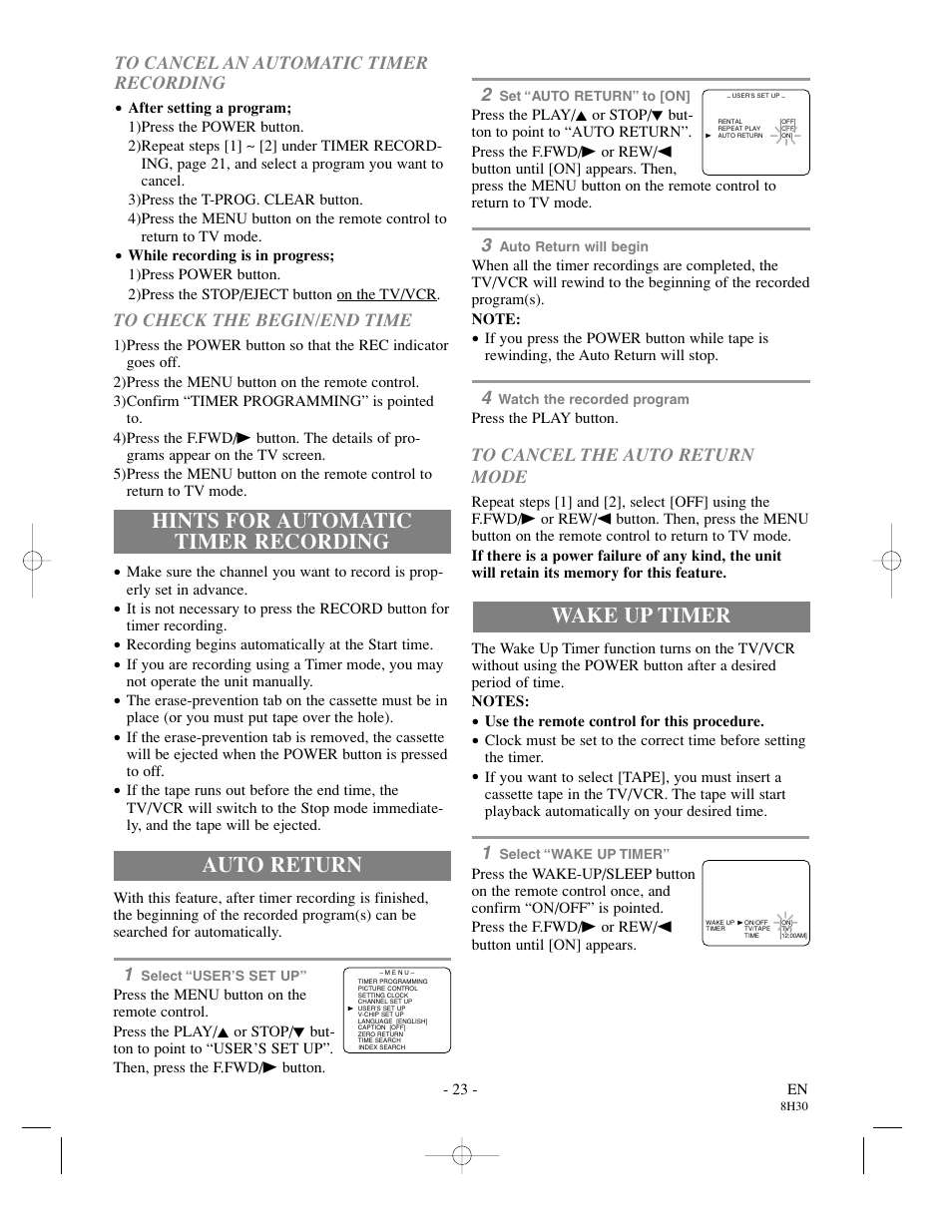 Hints for automatic timer recording, Auto return, Wake up timer | Sylvania SRC21135 User Manual | Page 23 / 31