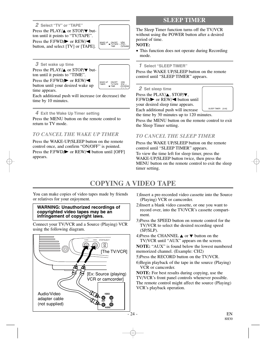 Copying a video tape, Sleep timer | Sylvania SRC21135 User Manual | Page 24 / 31
