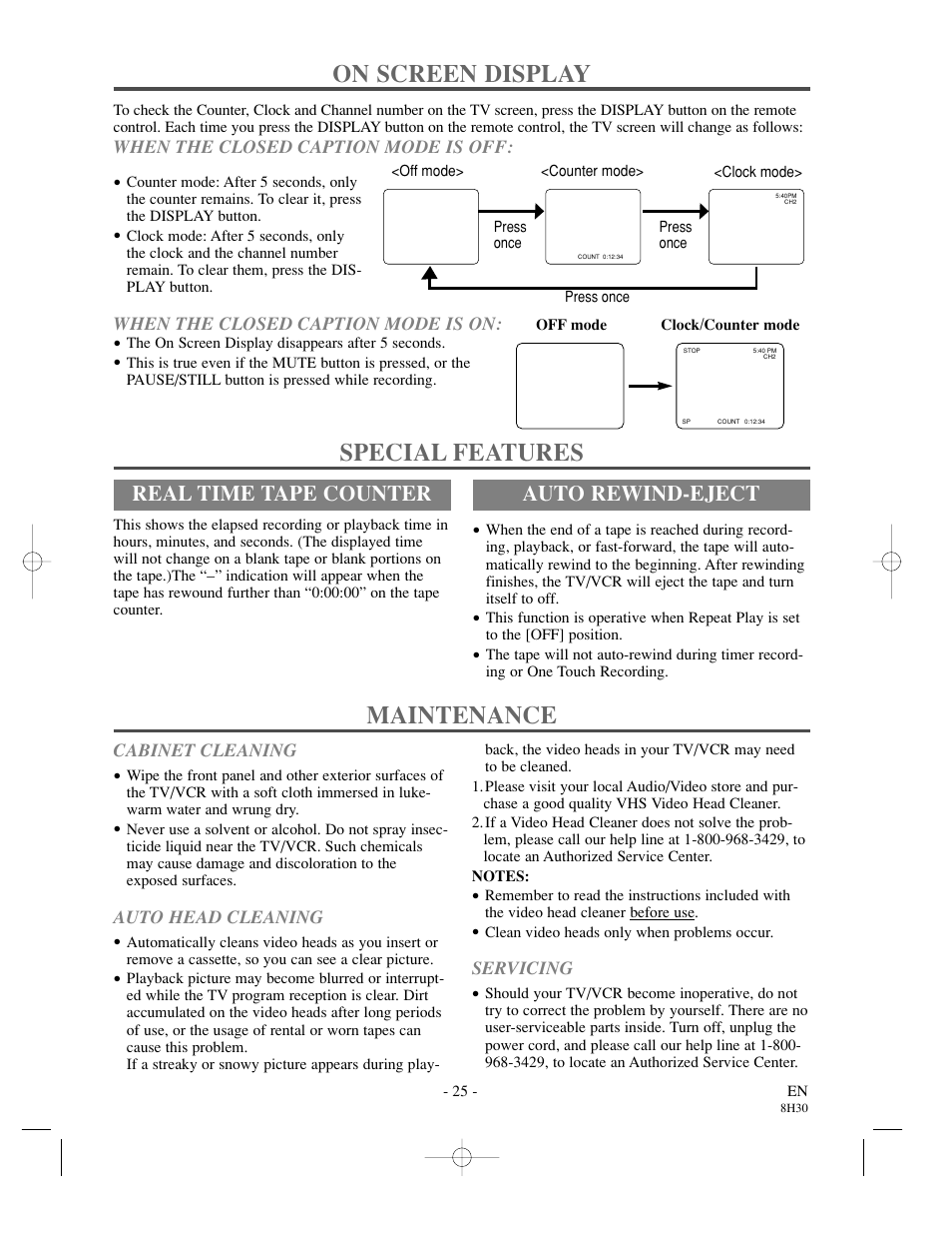 Maintenance, On screen display, Special features | Real time tape counter, Auto rewind-eject | Sylvania SRC21135 User Manual | Page 25 / 31