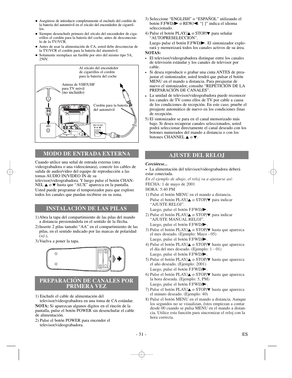 Preparación de canales por primera vez, Ajuste del reloj modo de entrada externa, Instalación de las pilas | Sylvania SRC21135 User Manual | Page 31 / 31