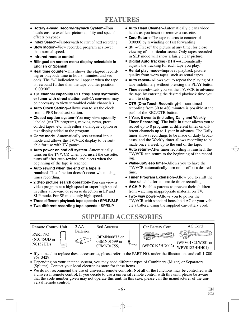 Features, Supplied accessories | Sylvania SRC21135 User Manual | Page 6 / 31