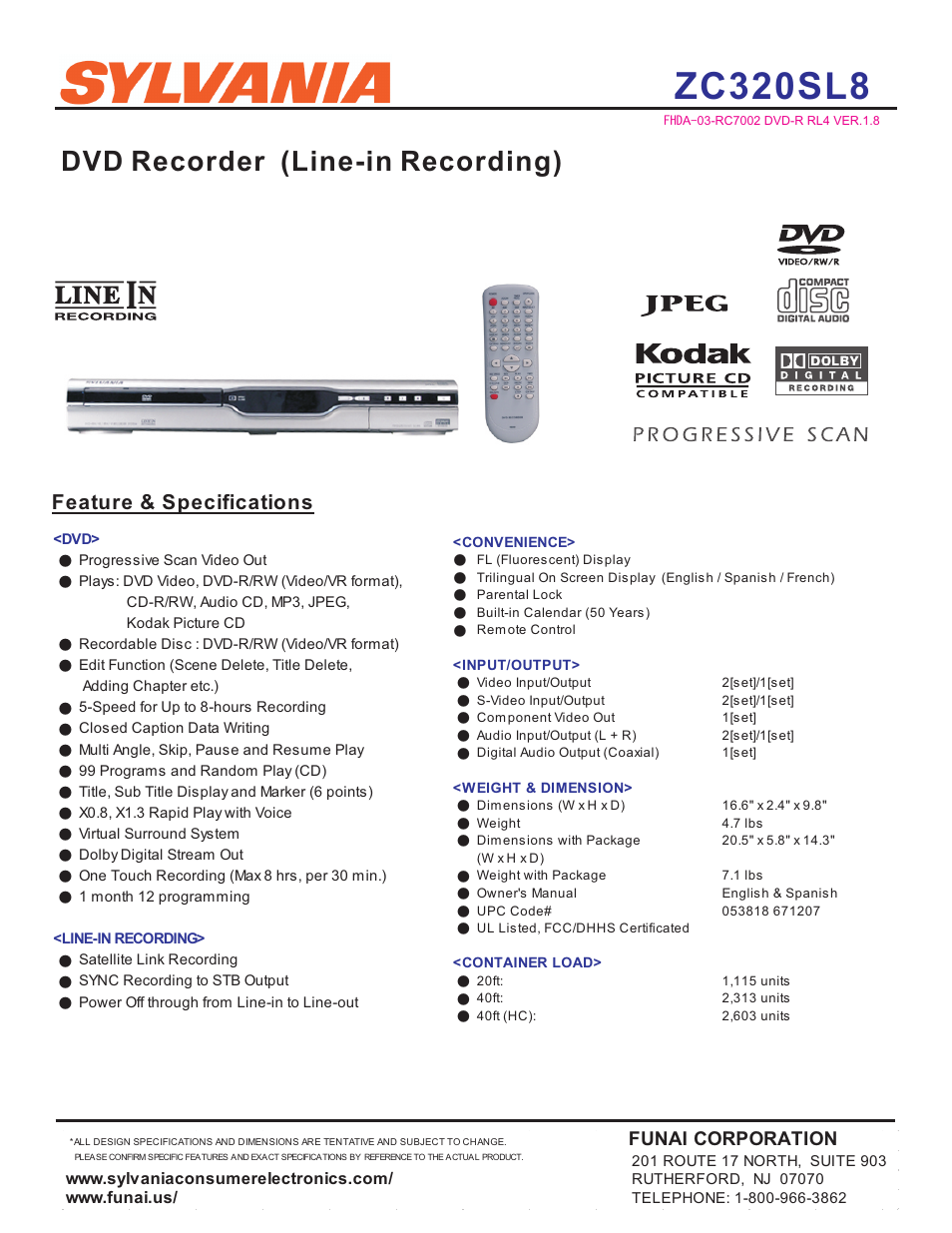 Sylvania ZC320SL8 User Manual | 1 page