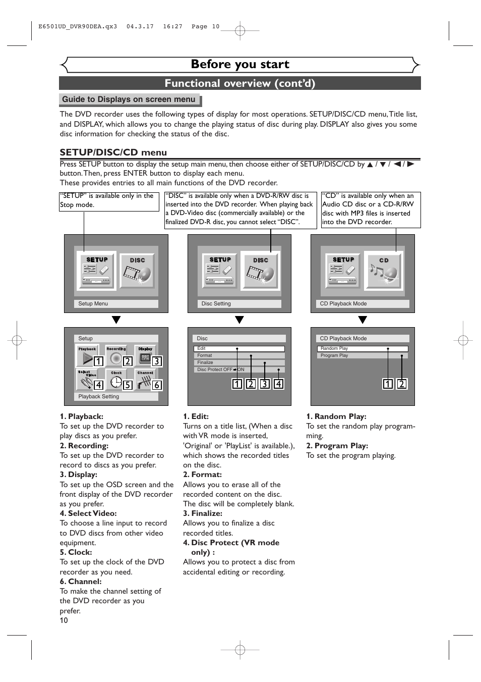 Before you start, Functional overview (cont’d), Setup/disc/cd menu | Sylvania DVR90DEA User Manual | Page 10 / 100