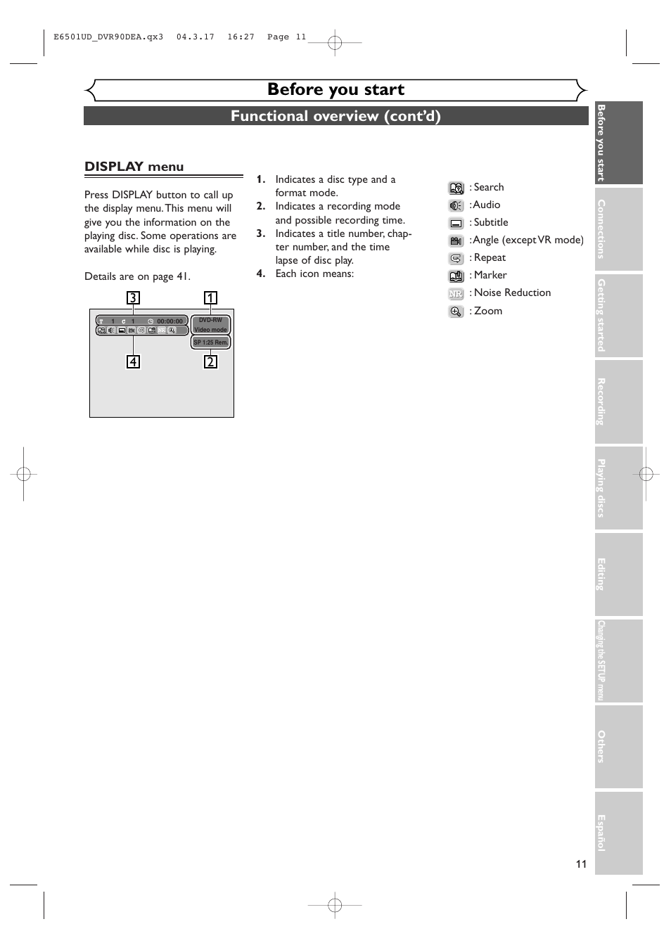 Before you start, Functional overview (cont’d), Display menu | Sylvania DVR90DEA User Manual | Page 11 / 100