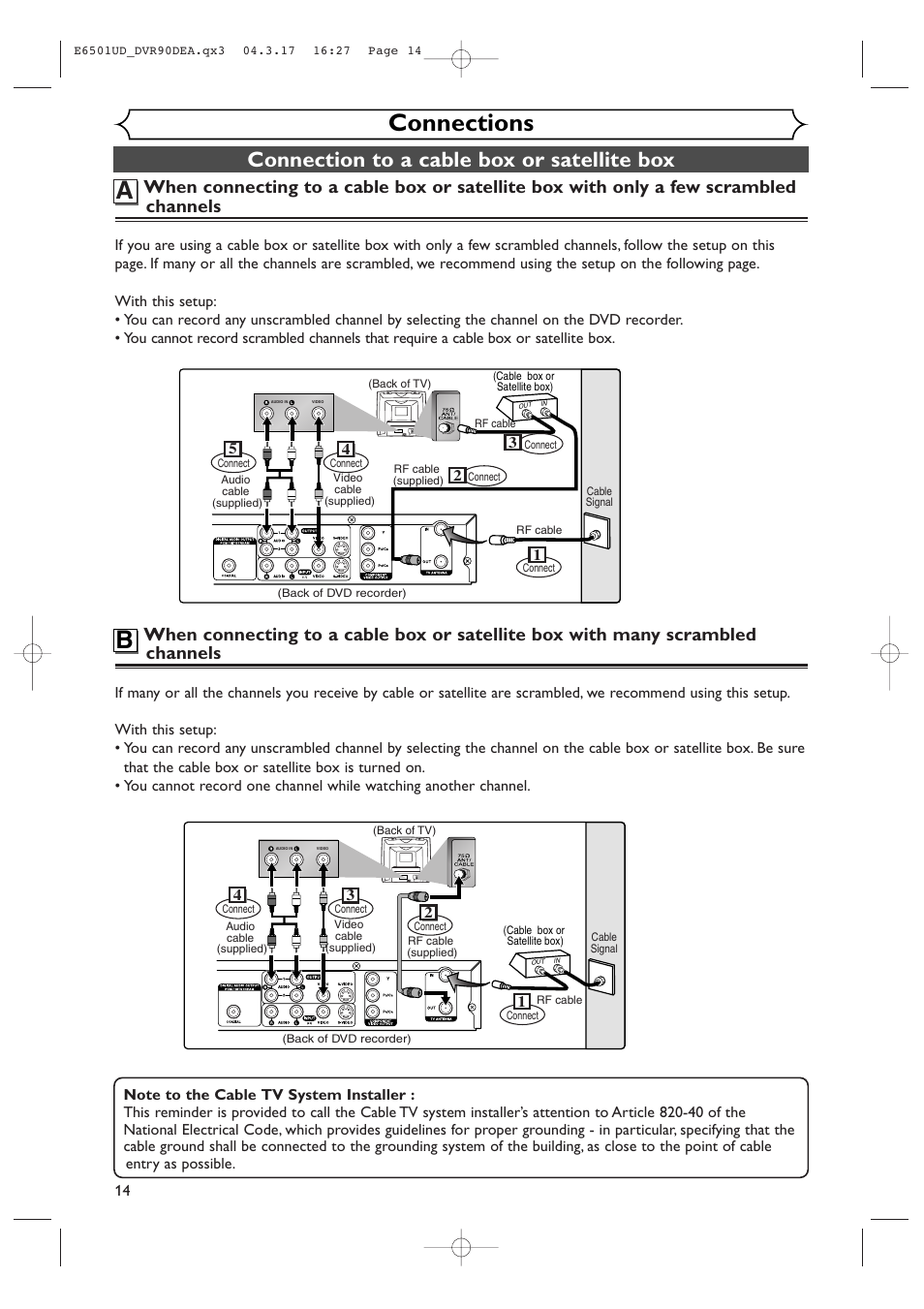 Connections, Connection to a cable box or satellite box | Sylvania DVR90DEA User Manual | Page 14 / 100