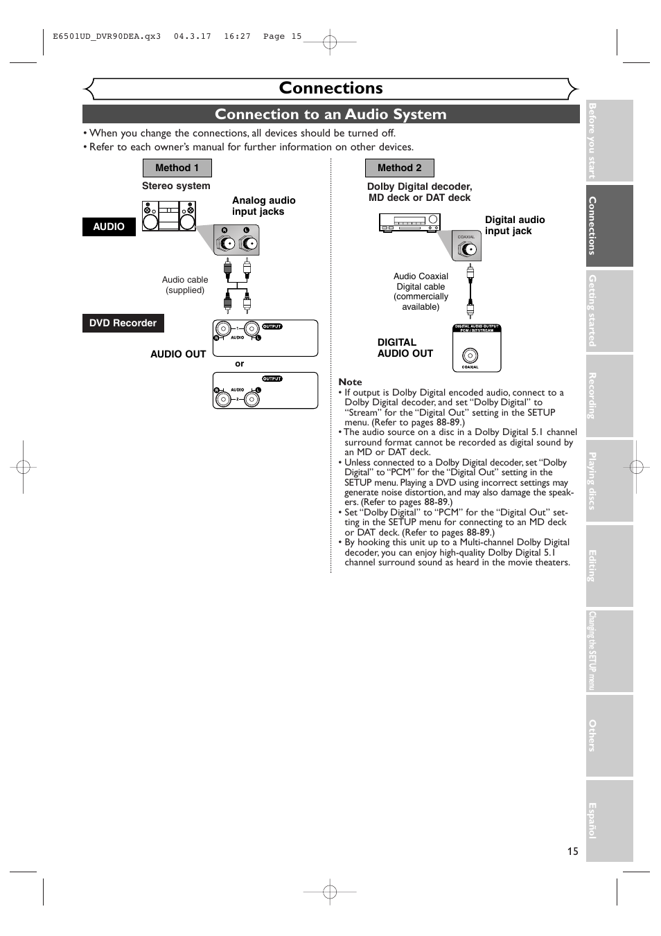 Connections, Connection to an audio system | Sylvania DVR90DEA User Manual | Page 15 / 100