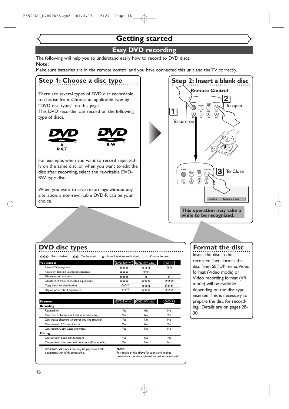 Getting started, Easy dvd recording, Step 1: choose a disc type | Step 2: insert a blank disc, Format the disc, Dvd disc types, Remote control to open to close, This operation may take a while to be recognized | Sylvania DVR90DEA User Manual | Page 16 / 100