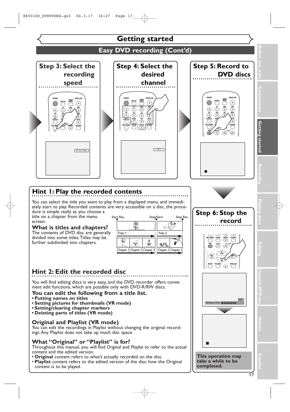 Getting started, Easy dvd recording (cont’d), Step 3: select the recording speed | Step 5: record to dvd discs, Step 4: select the desired channel, Step 6: stop the record, Hint 1: play the recorded contents, Hint 2: edit the recorded disc, What is titles and chapters, You can edit the following from a title list | Sylvania DVR90DEA User Manual | Page 17 / 100