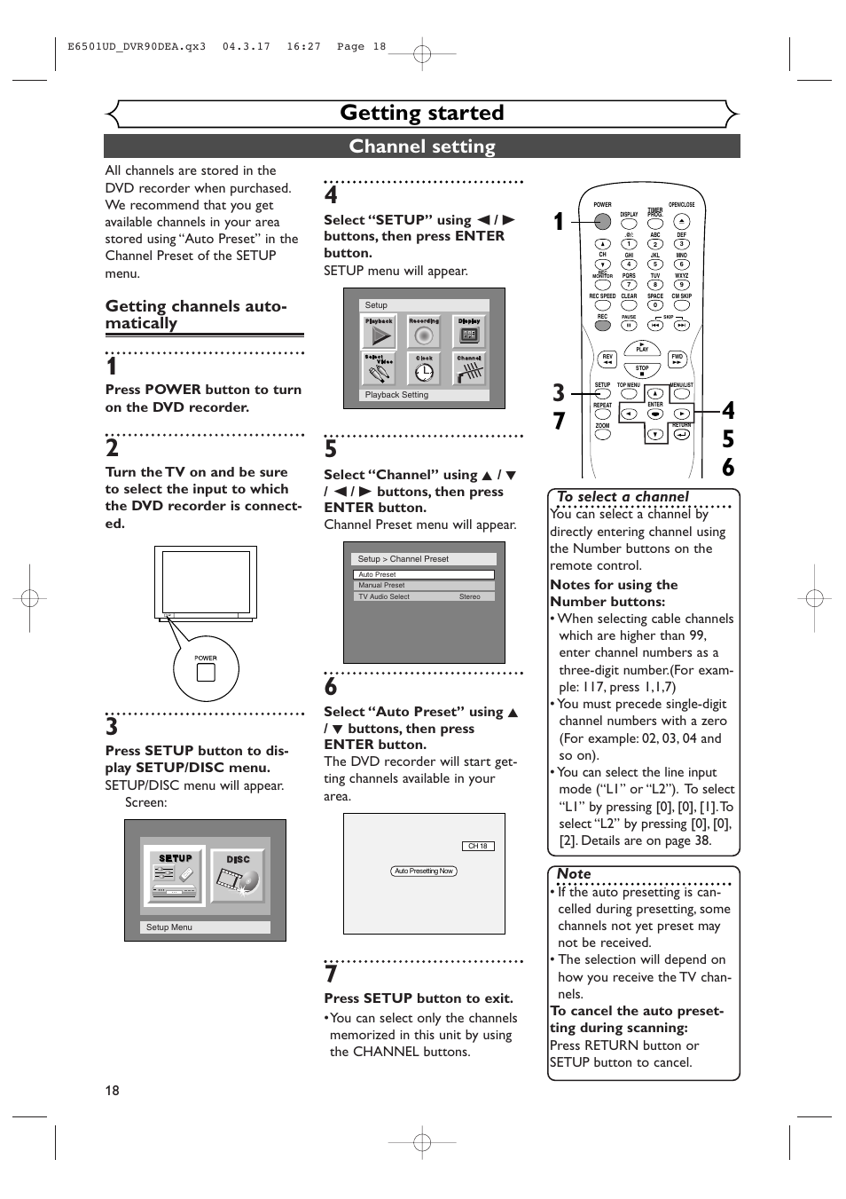 Getting started, Channel setting, Getting channels auto- matically | Press power button to turn on the dvd recorder | Sylvania DVR90DEA User Manual | Page 18 / 100