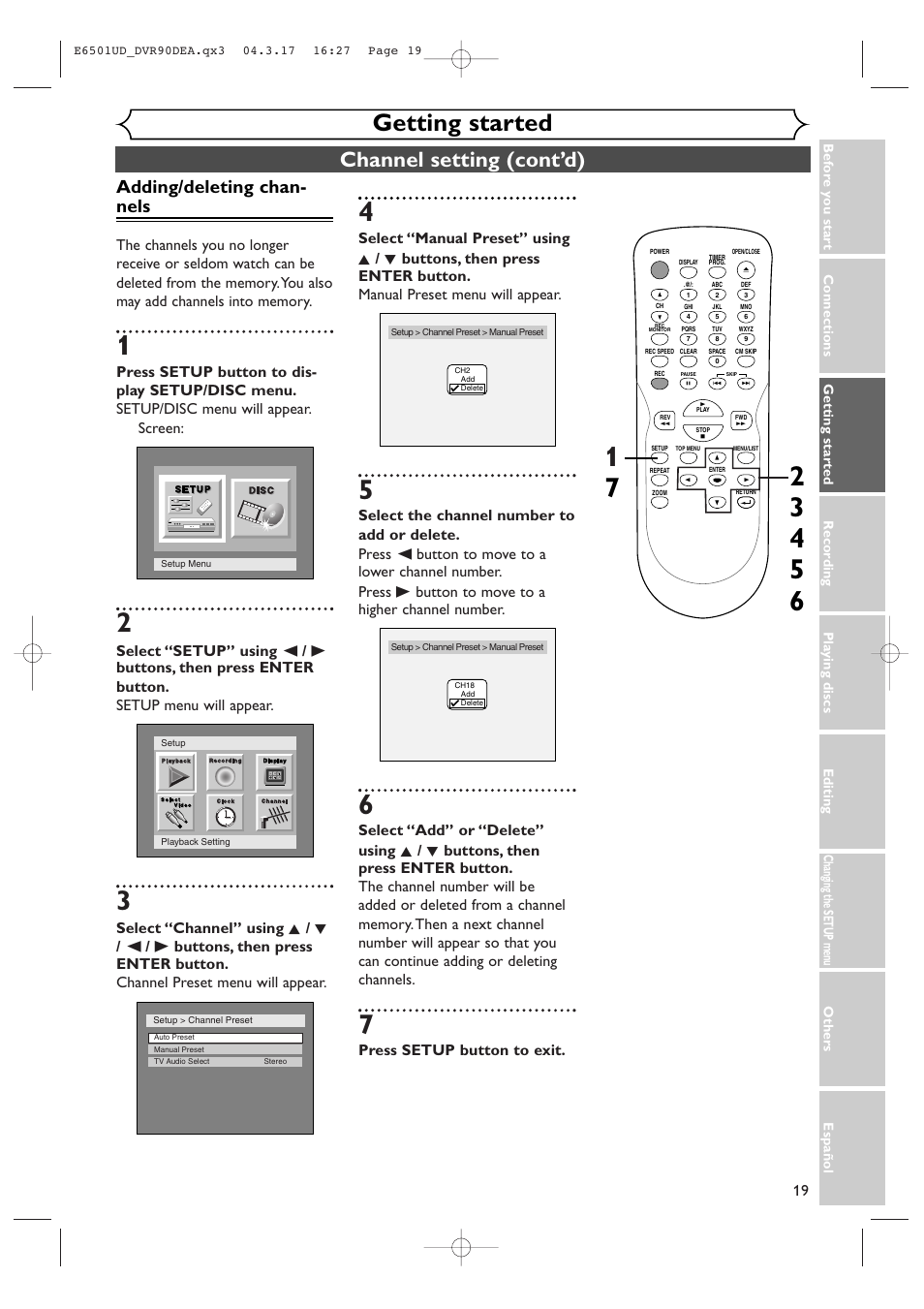 Getting started, Channel setting (cont’d), Adding/deleting chan- nels | Press setup button to exit | Sylvania DVR90DEA User Manual | Page 19 / 100