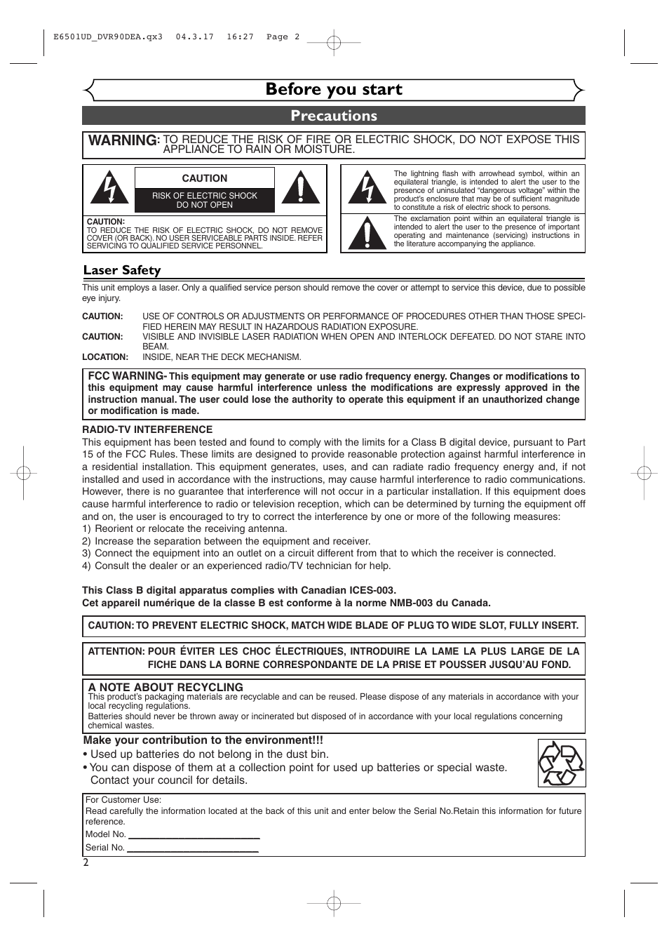 Before you start, Precautions, Warning | Laser safety | Sylvania DVR90DEA User Manual | Page 2 / 100