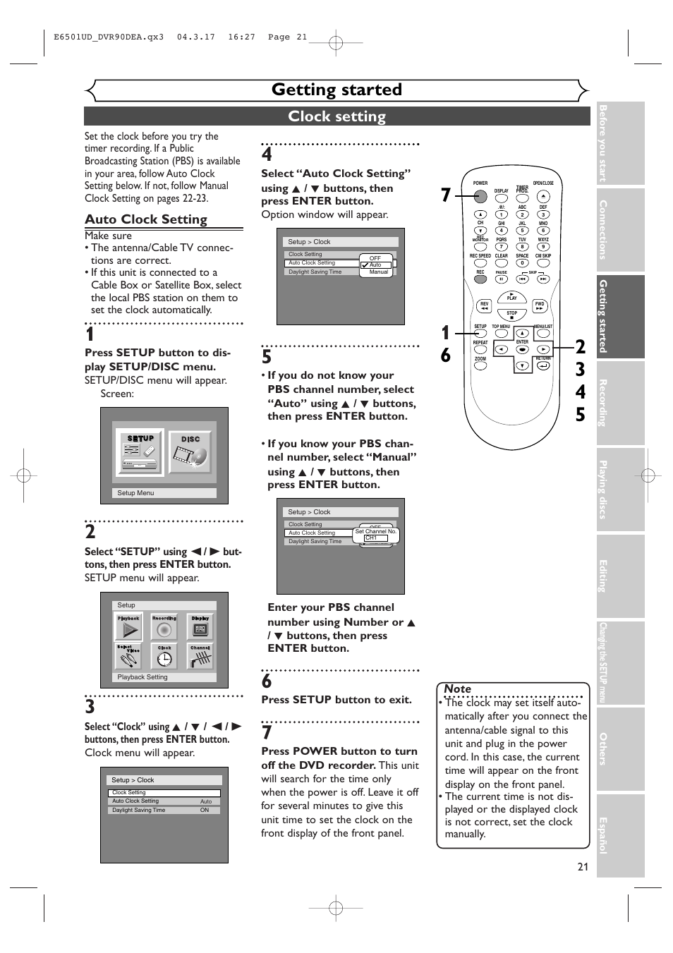 Getting started, Clock setting, Auto clock setting | Press setup button to exit | Sylvania DVR90DEA User Manual | Page 21 / 100