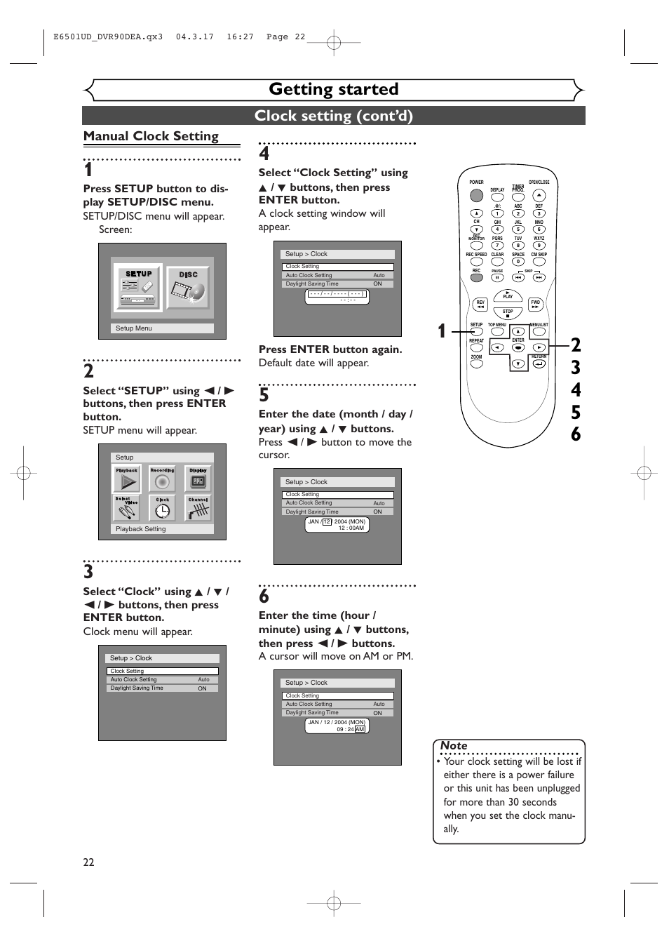 Getting started, Clock setting (cont’d), Manual clock setting | Sylvania DVR90DEA User Manual | Page 22 / 100