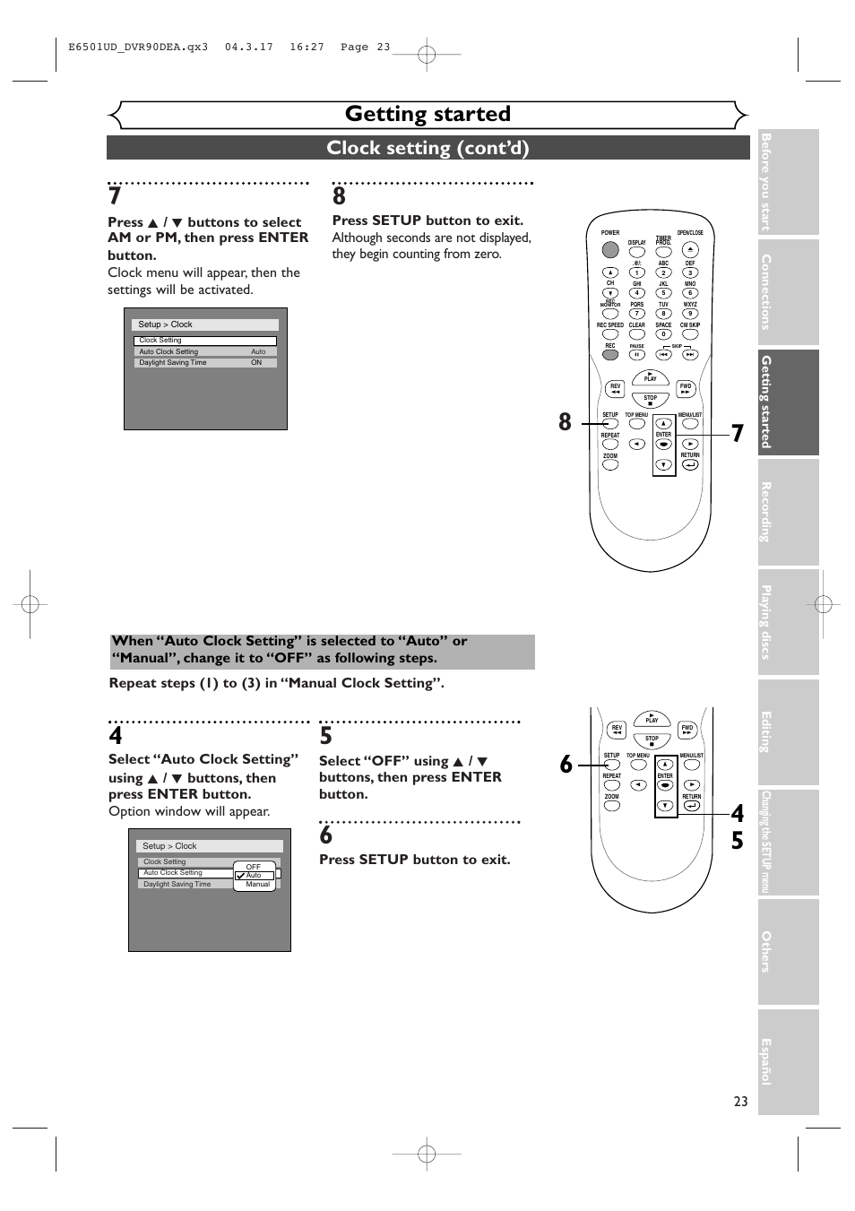 Getting started, Clock setting (cont’d), Press setup button to exit | Sylvania DVR90DEA User Manual | Page 23 / 100