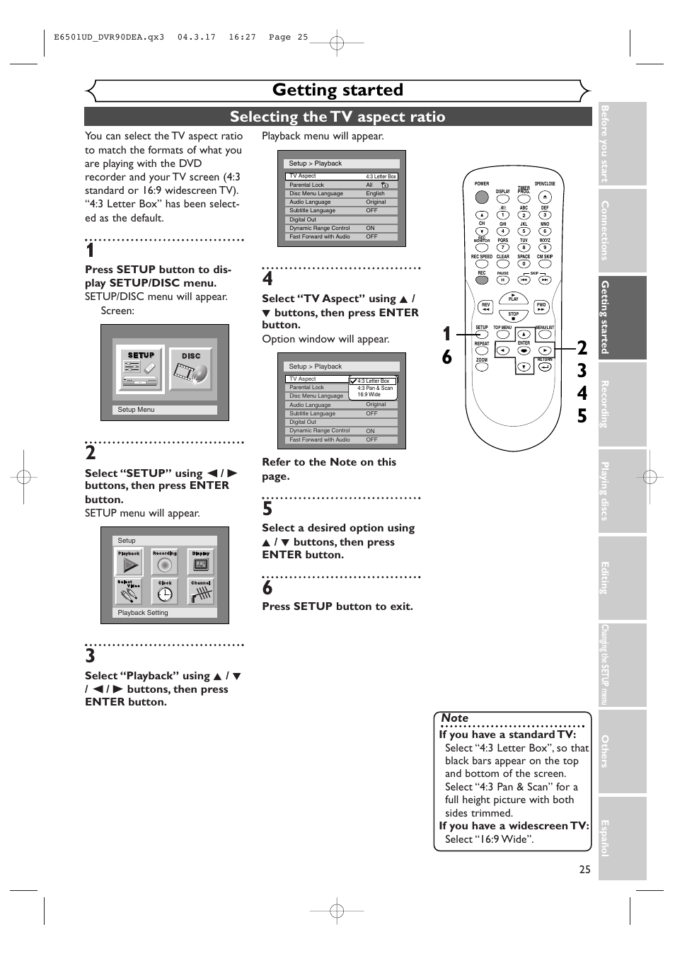 Getting started, Selecting the tv aspect ratio, Playback menu will appear | Press setup button to exit | Sylvania DVR90DEA User Manual | Page 25 / 100