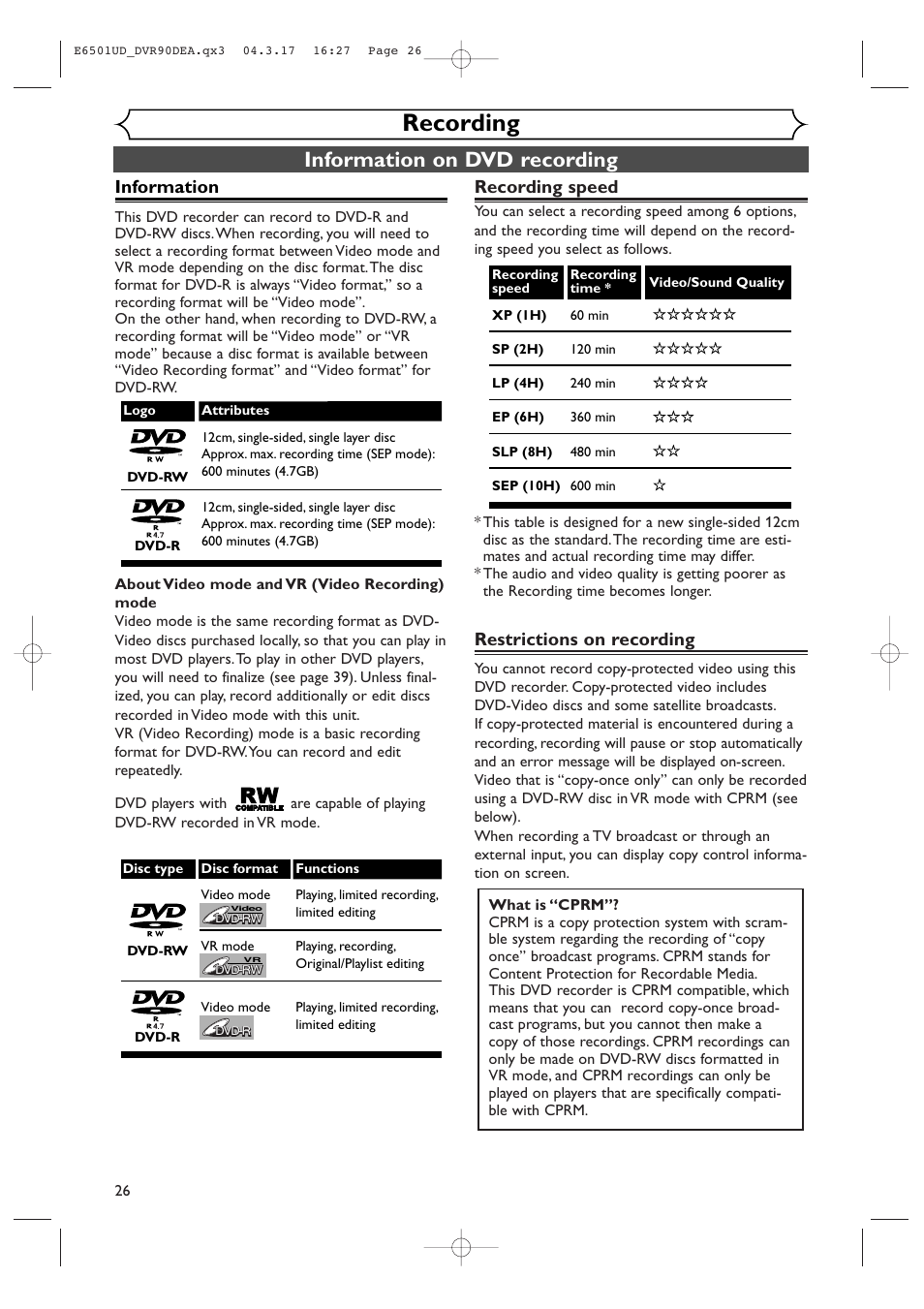 Recording, Information on dvd recording, Information | Recording speed, Restrictions on recording | Sylvania DVR90DEA User Manual | Page 26 / 100