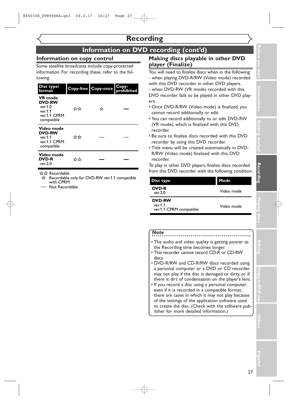 Recording, Information on dvd recording (cont’d), Information on copy control | Sylvania DVR90DEA User Manual | Page 27 / 100