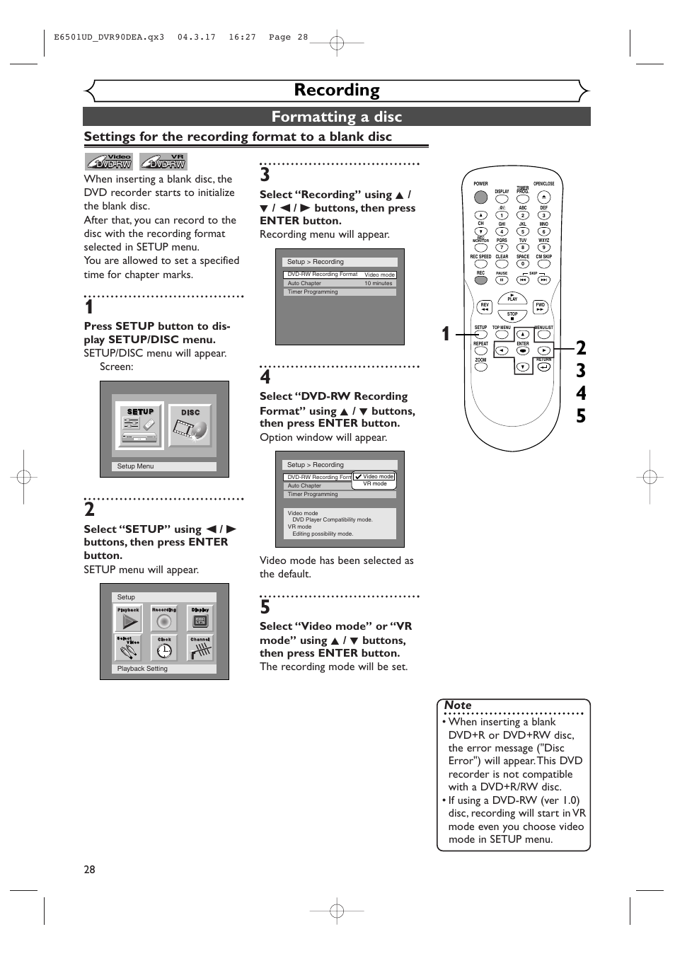 Recording, Formatting a disc, Settings for the recording format to a blank disc | Sylvania DVR90DEA User Manual | Page 28 / 100