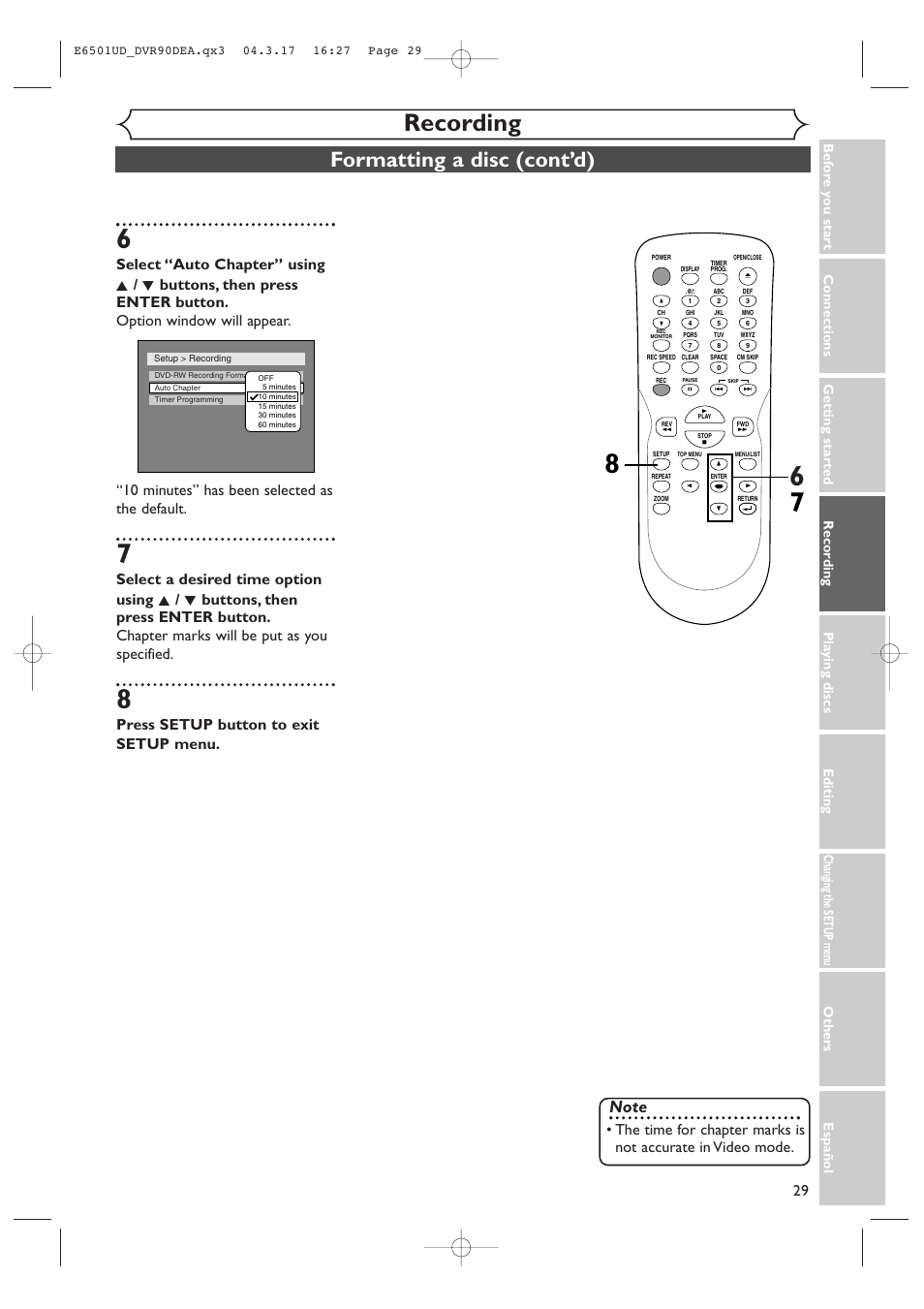 Recording, Formatting a disc (cont’d), Press setup button to exit setup menu | Sylvania DVR90DEA User Manual | Page 29 / 100