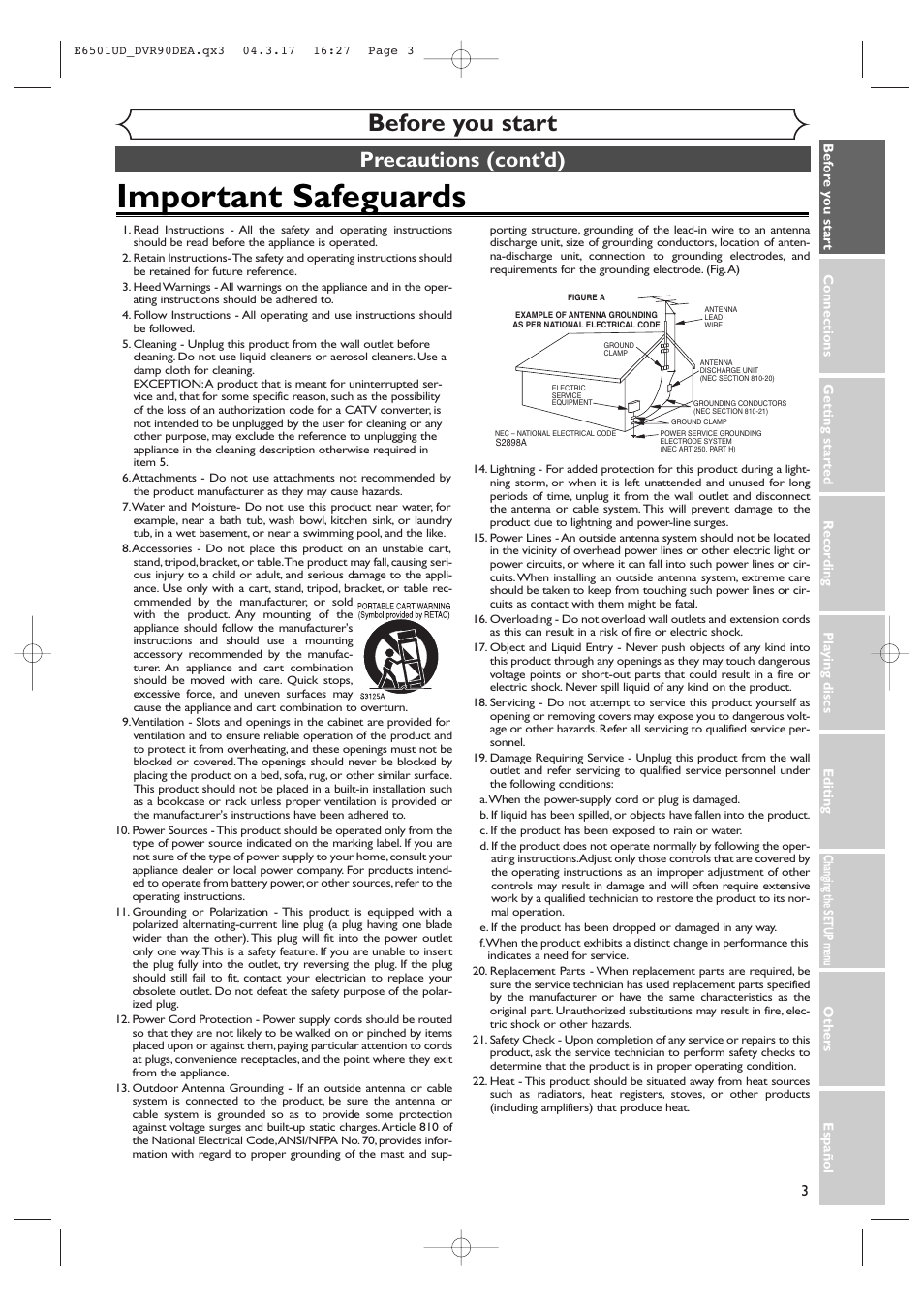 Important safeguards, Before you start, Precautions (cont’d) | Sylvania DVR90DEA User Manual | Page 3 / 100