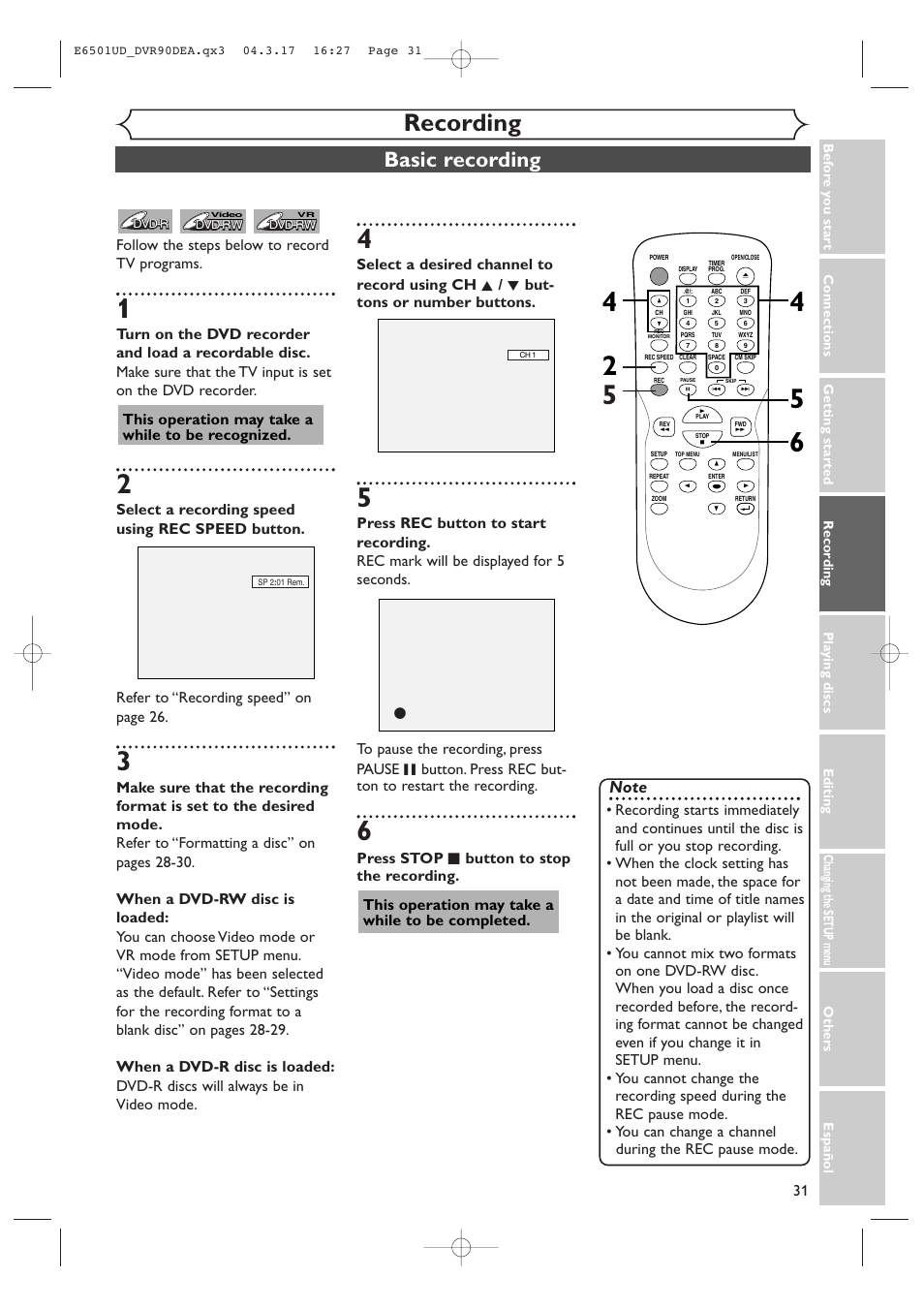 Recording, Basic recording, This operation may take a while to be recognized | Sylvania DVR90DEA User Manual | Page 31 / 100
