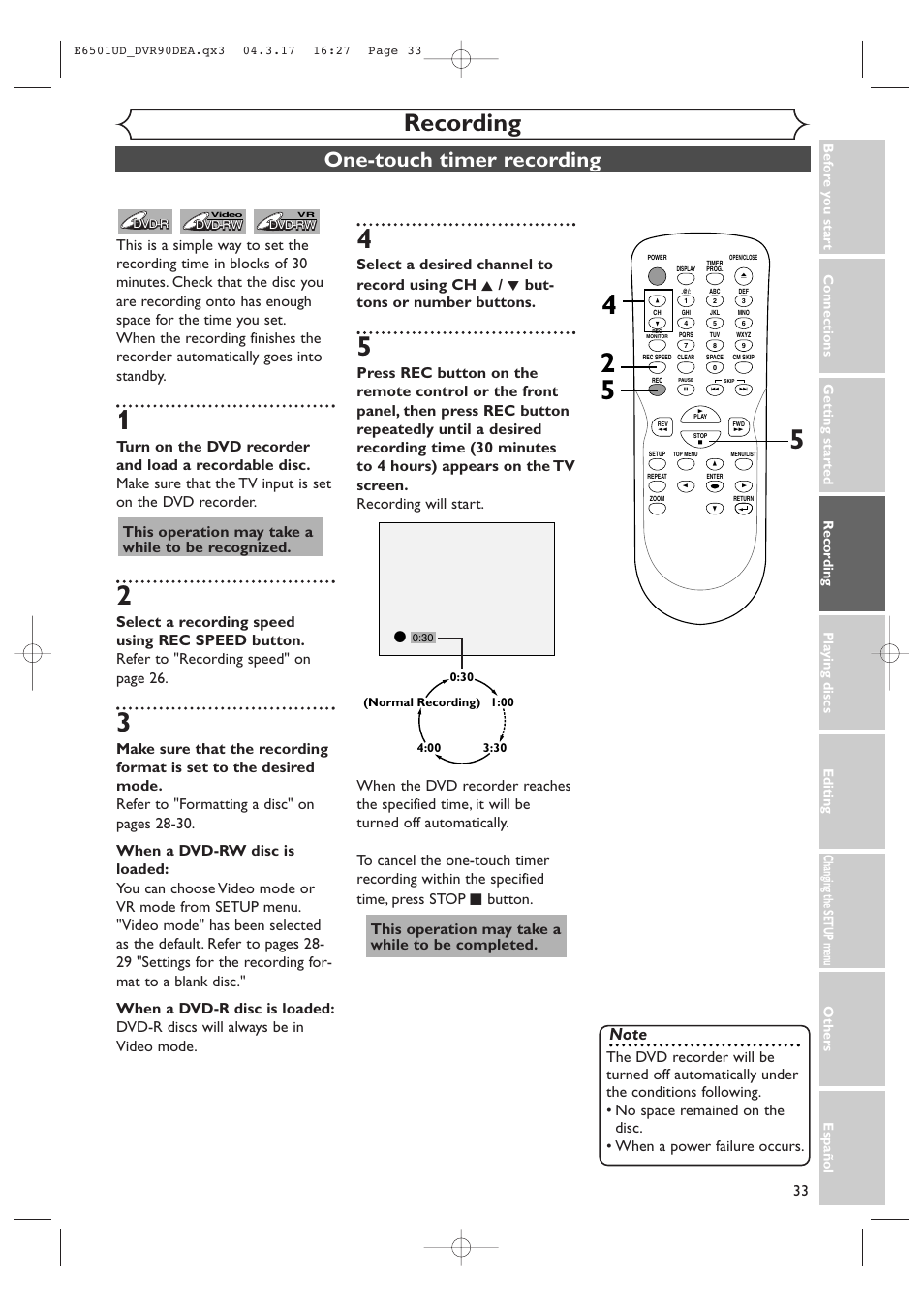 Recording, One-touch timer recording, This operation may take a while to be recognized | This operation may take a while to be completed | Sylvania DVR90DEA User Manual | Page 33 / 100