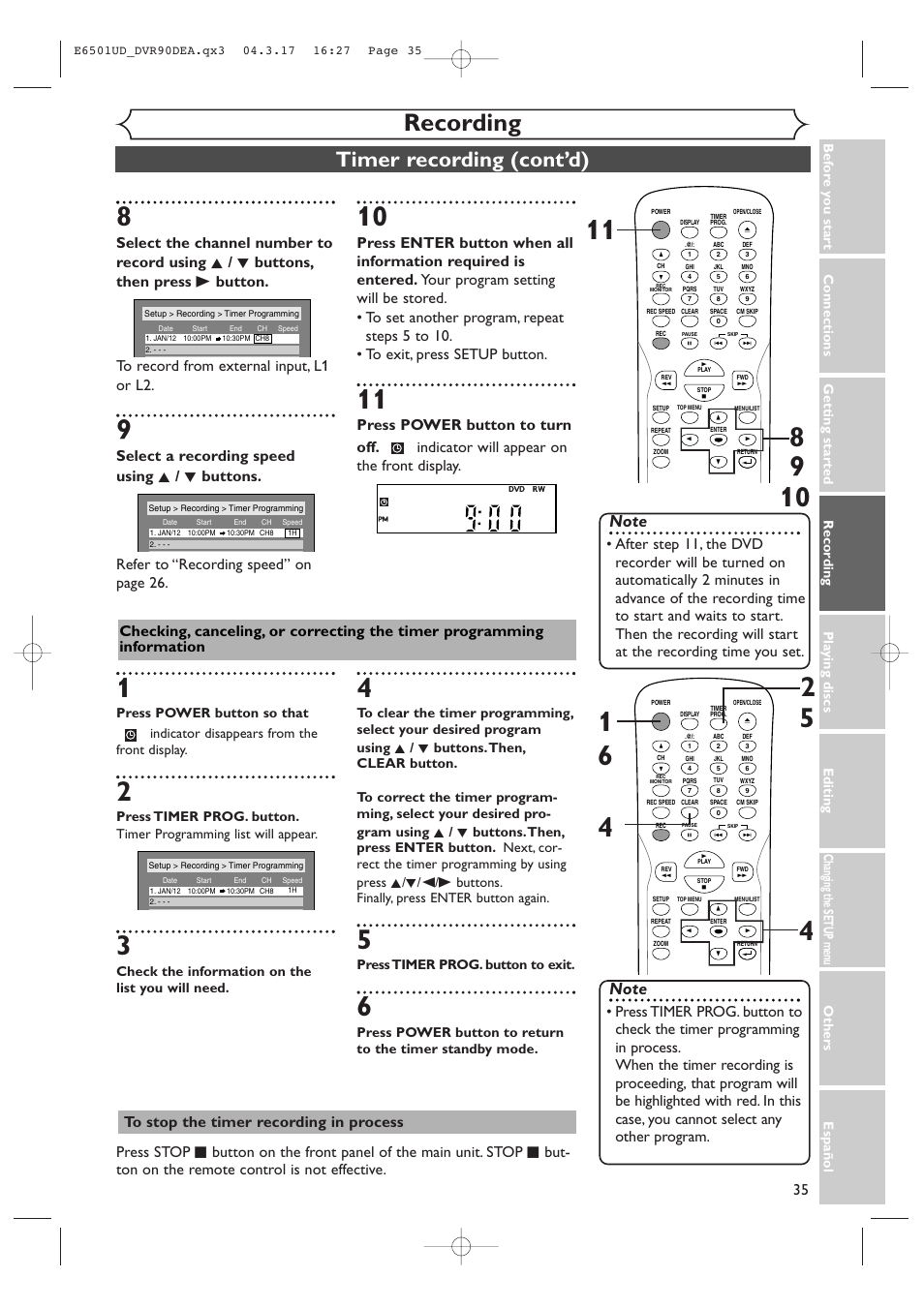 Recording, Timer recording (cont’d) | Sylvania DVR90DEA User Manual | Page 35 / 100