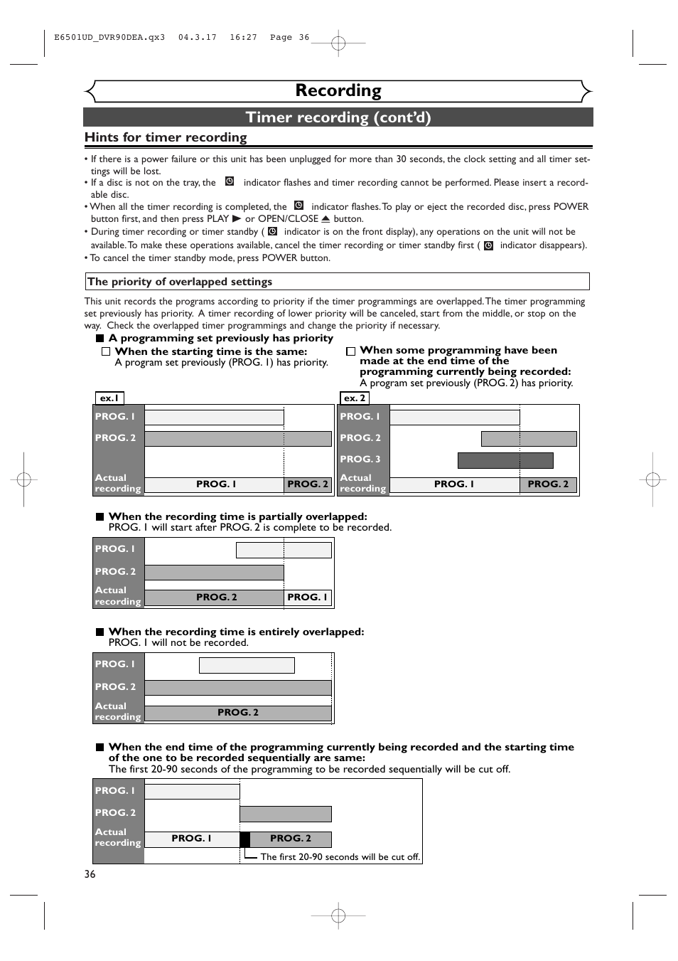 Recording, Timer recording (cont’d), Hints for timer recording | Sylvania DVR90DEA User Manual | Page 36 / 100