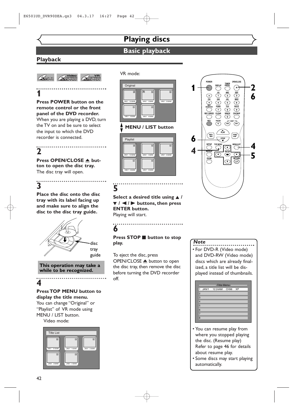 Playing discs, Basic playback, Playback | This operation may take a while to be recognized, Disc tray guide | Sylvania DVR90DEA User Manual | Page 42 / 100