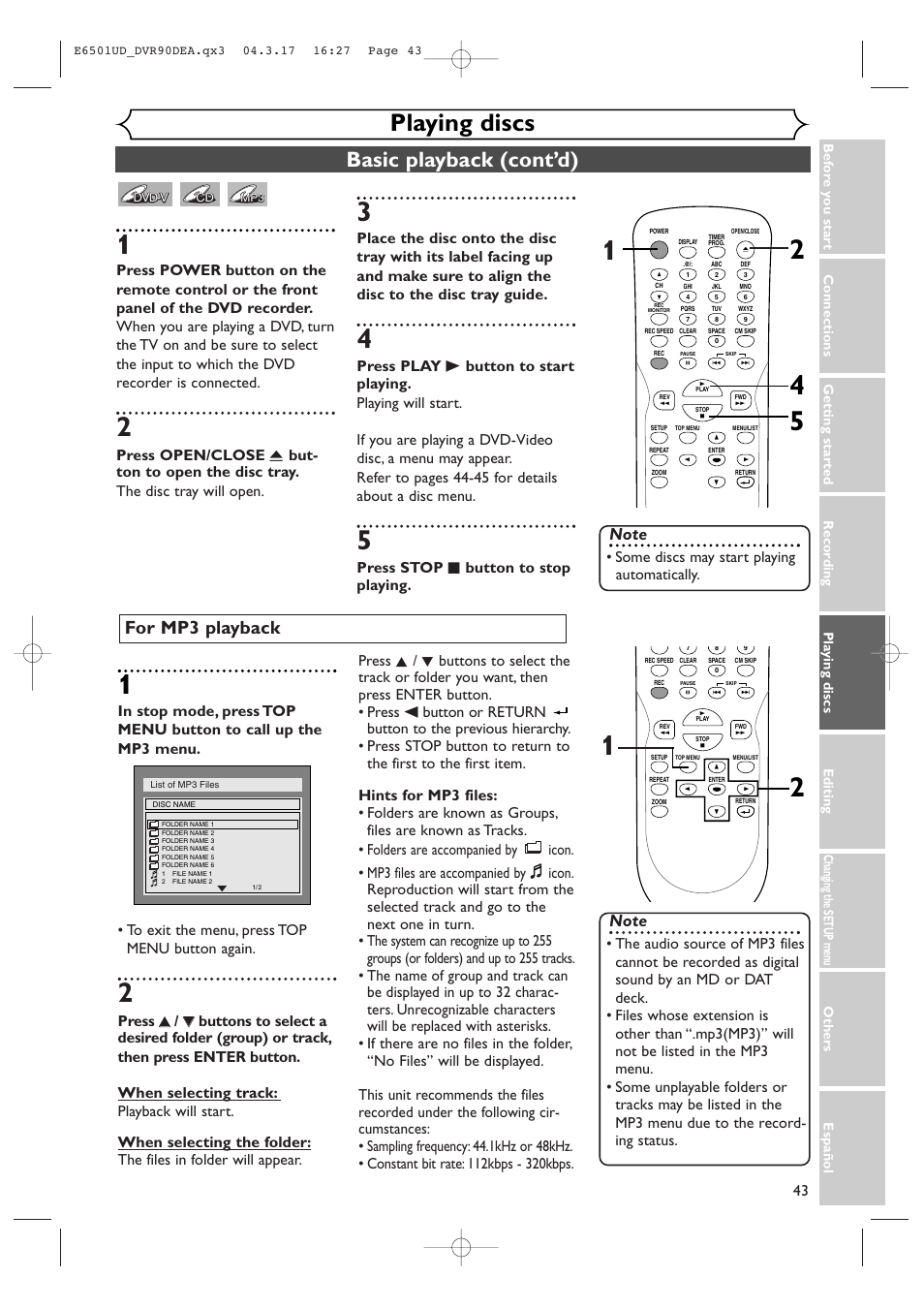 Playing discs, Basic playback (cont’d), For mp3 playback | Press stop c button to stop playing, Some discs may start playing automatically | Sylvania DVR90DEA User Manual | Page 43 / 100