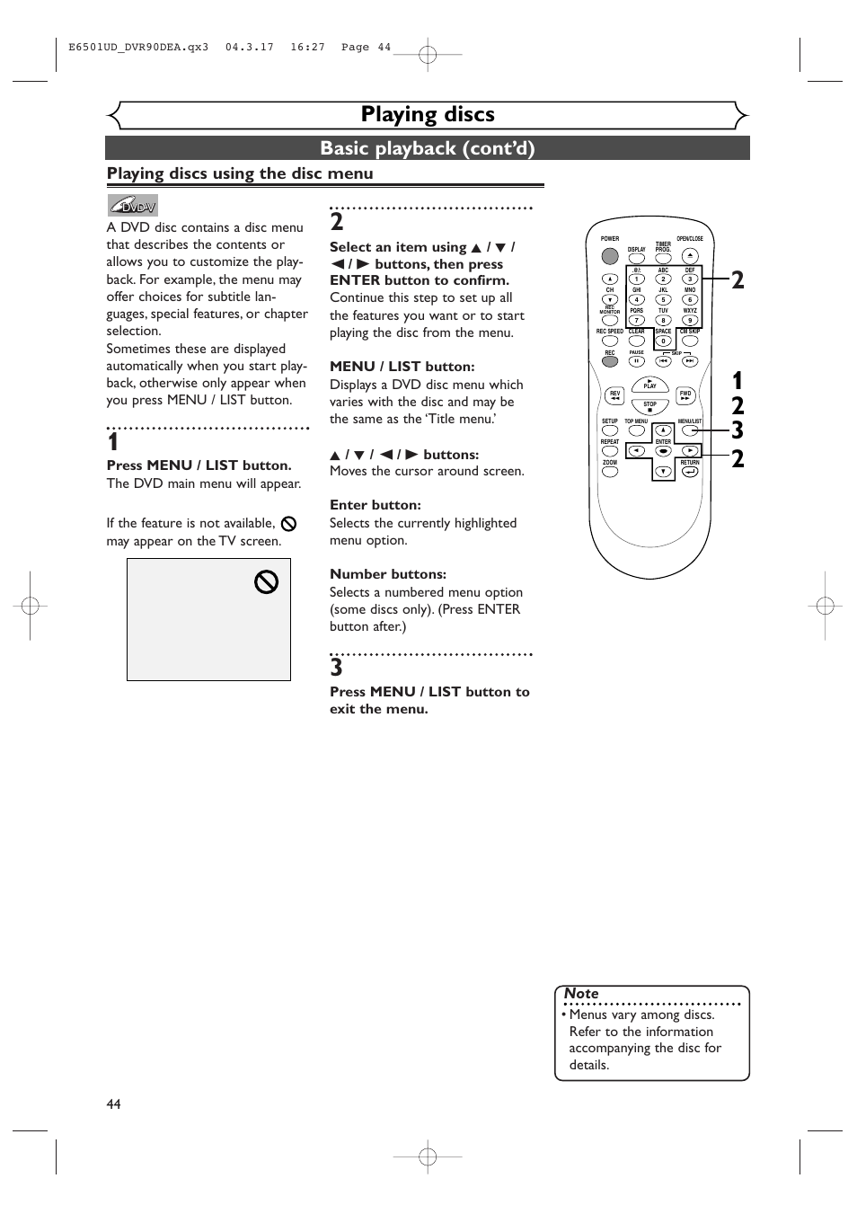 Playing discs, Basic playback (cont’d), Playing discs using the disc menu | Press menu / list button to exit the menu | Sylvania DVR90DEA User Manual | Page 44 / 100