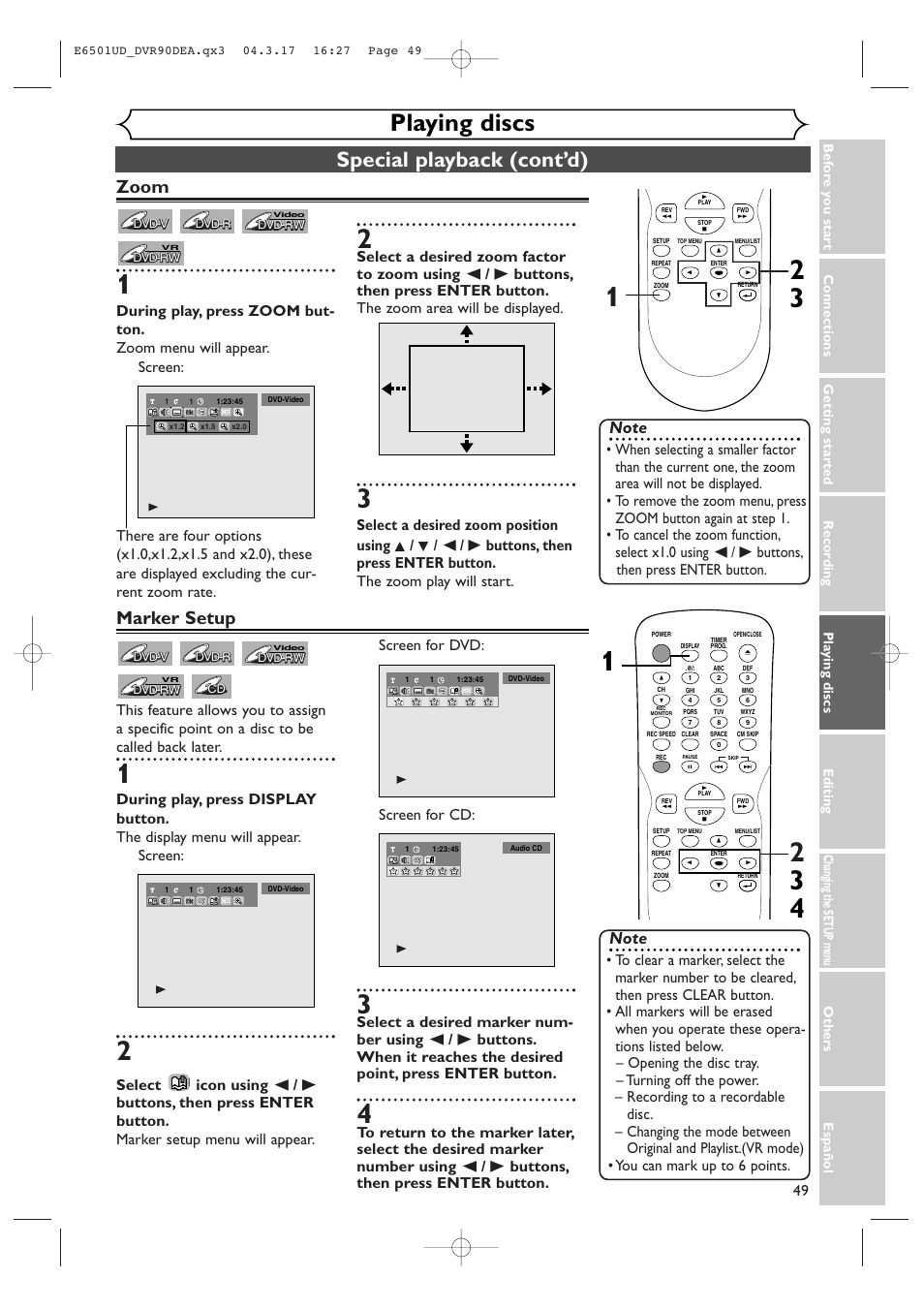 Playing discs, Special playback (cont’d), Zoom | Marker setup | Sylvania DVR90DEA User Manual | Page 49 / 100