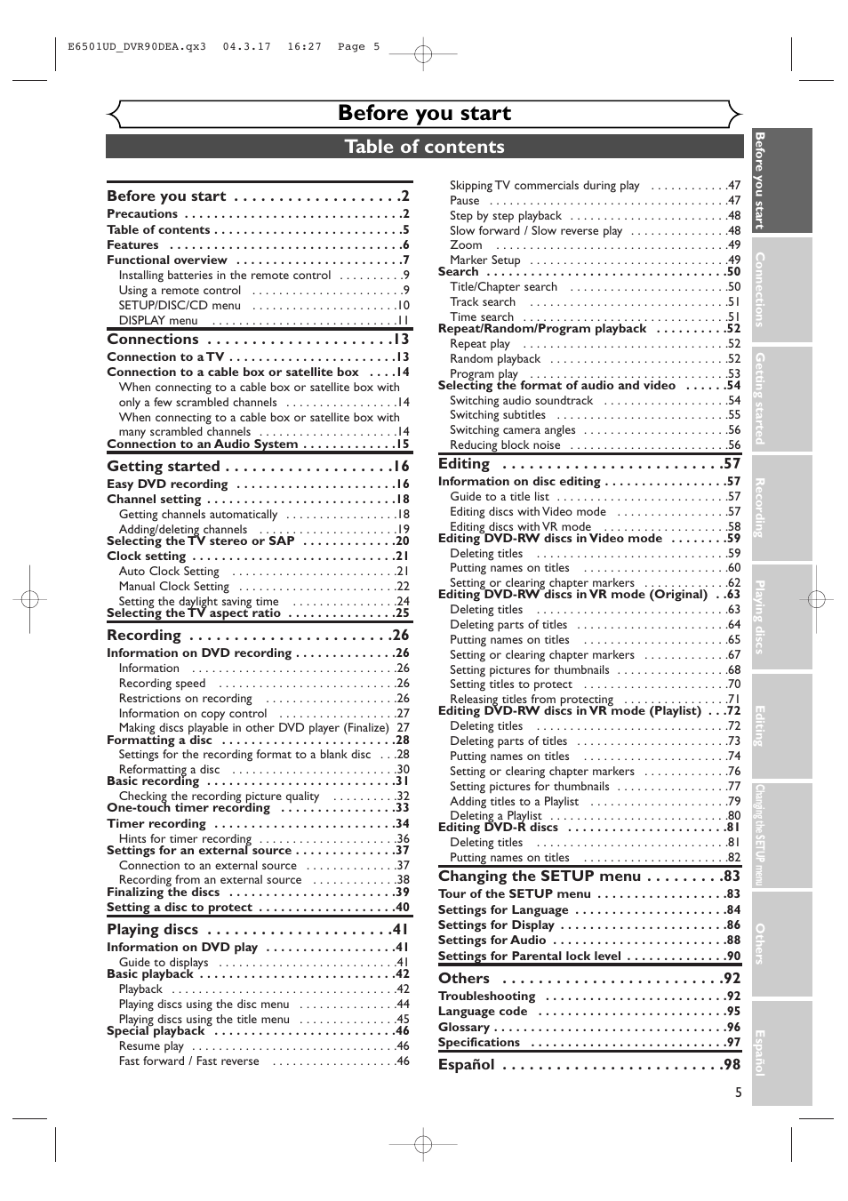 Sylvania DVR90DEA User Manual | Page 5 / 100