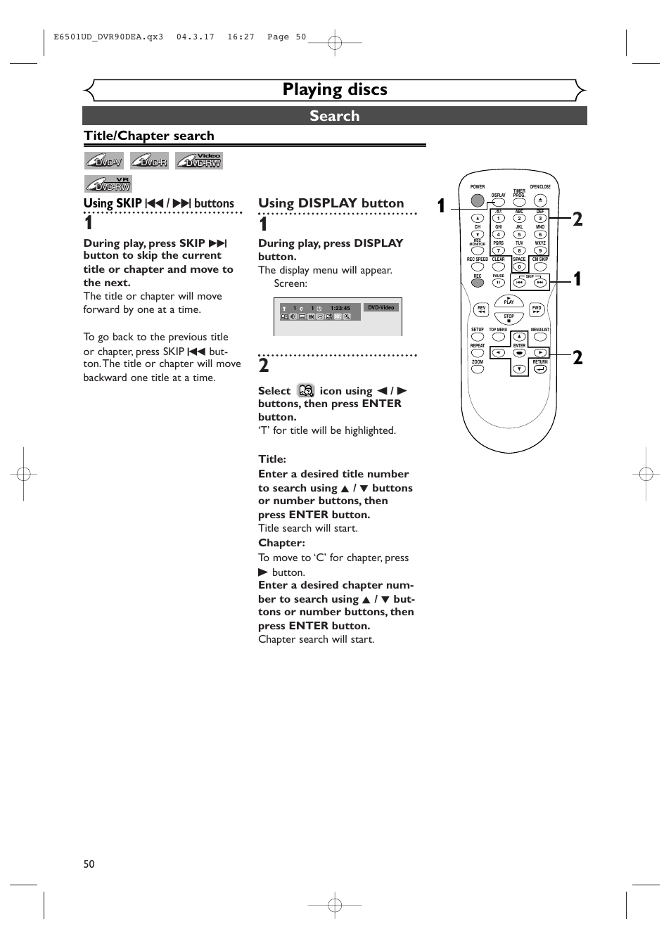 Playing discs, Search, Title/chapter search using skip h / g buttons | Using display button | Sylvania DVR90DEA User Manual | Page 50 / 100