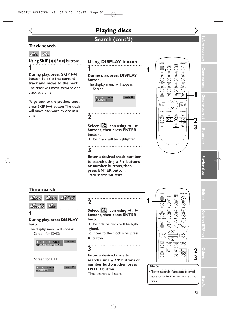 Playing discs, Search (cont’d), Track search using skip h / g buttons | Using display button, Time search | Sylvania DVR90DEA User Manual | Page 51 / 100