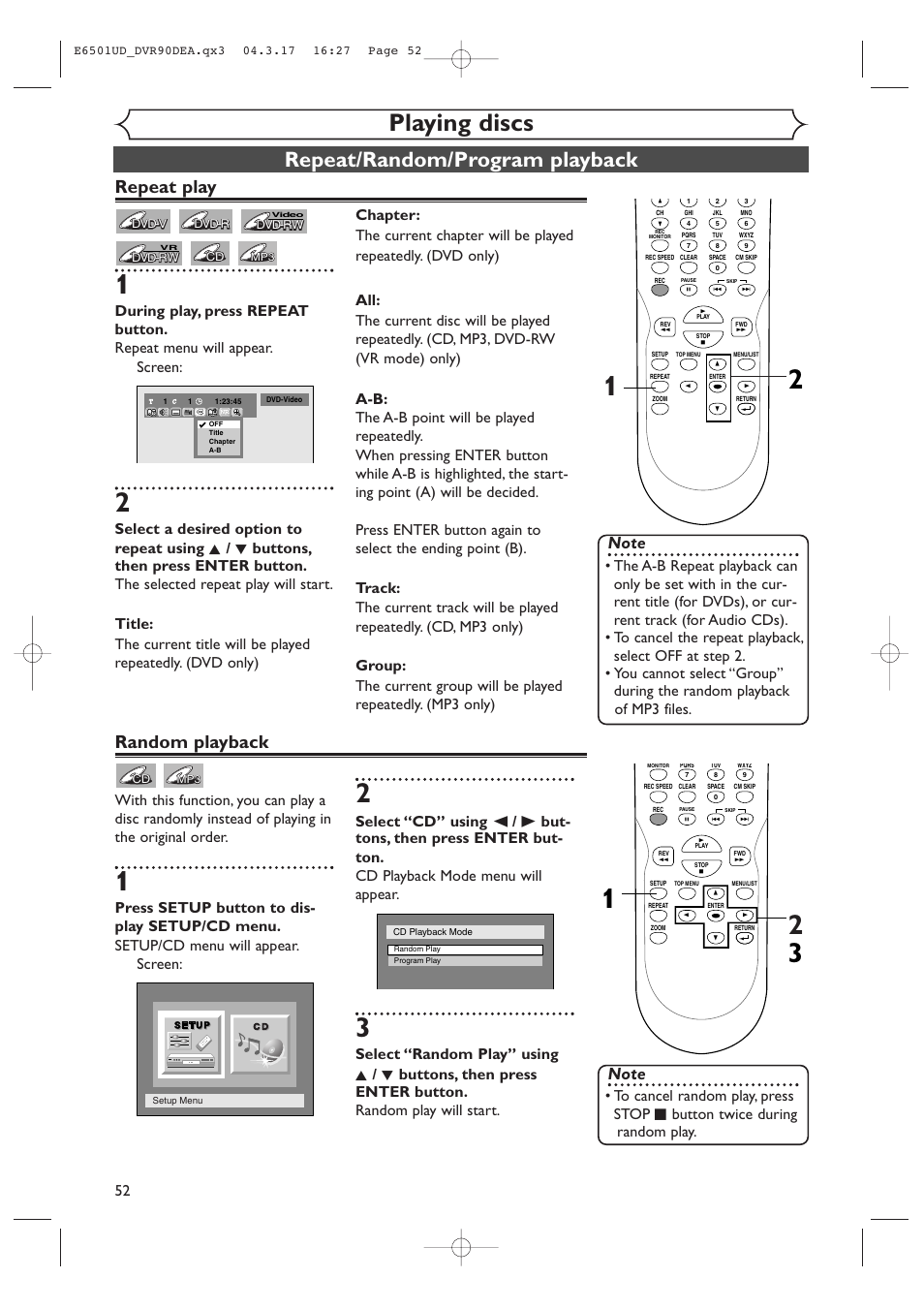 Playing discs, Repeat/random/program playback, Repeat play | Random playback | Sylvania DVR90DEA User Manual | Page 52 / 100