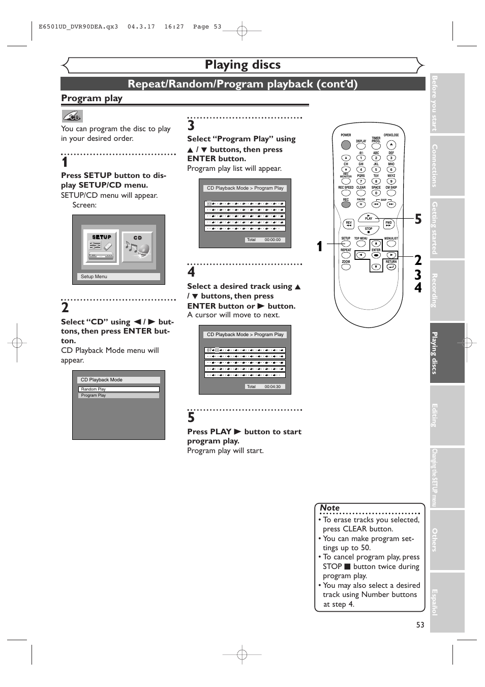 Playing discs, Repeat/random/program playback (cont’d), Program play | Sylvania DVR90DEA User Manual | Page 53 / 100