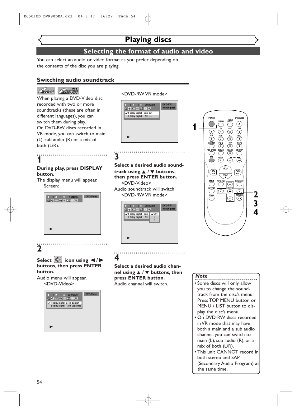 Playing discs, Selecting the format of audio and video, Switching audio soundtrack | Sylvania DVR90DEA User Manual | Page 54 / 100