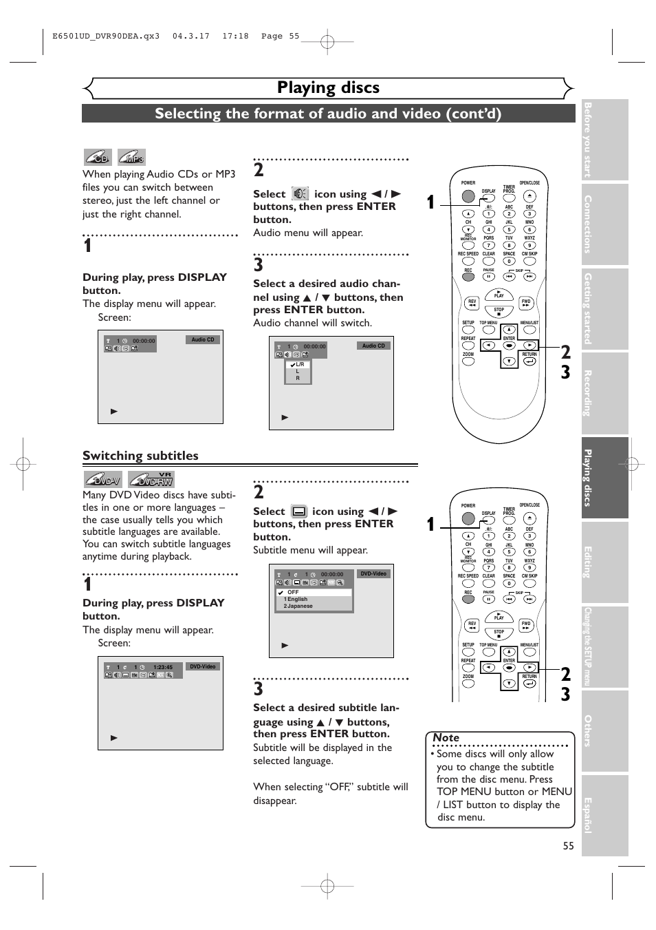 Playing discs, Selecting the format of audio and video (cont’d), Switching subtitles | Sylvania DVR90DEA User Manual | Page 55 / 100