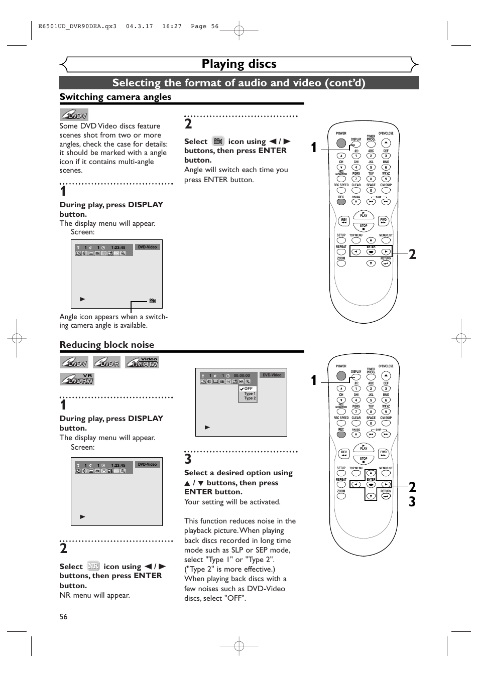 Playing discs, Selecting the format of audio and video (cont’d), Switching camera angles | Reducing block noise | Sylvania DVR90DEA User Manual | Page 56 / 100