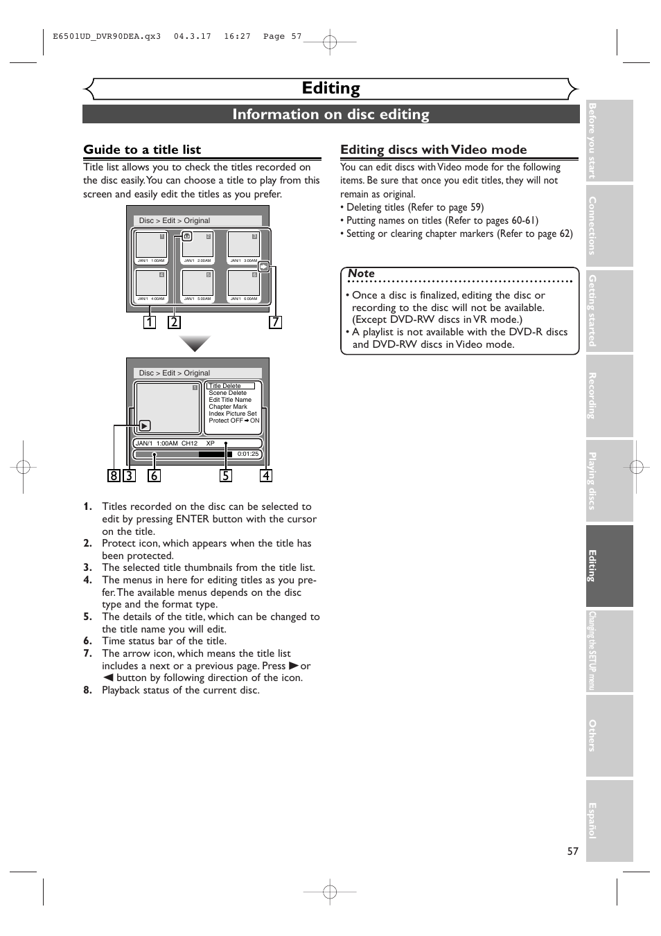 Editing, Information on disc editing, Guide to a title list | Editing discs with video mode | Sylvania DVR90DEA User Manual | Page 57 / 100