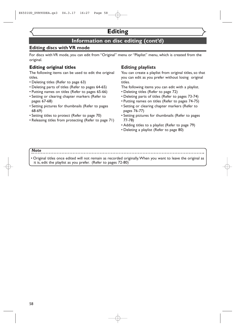 Editing, Information on disc editing (cont’d) | Sylvania DVR90DEA User Manual | Page 58 / 100