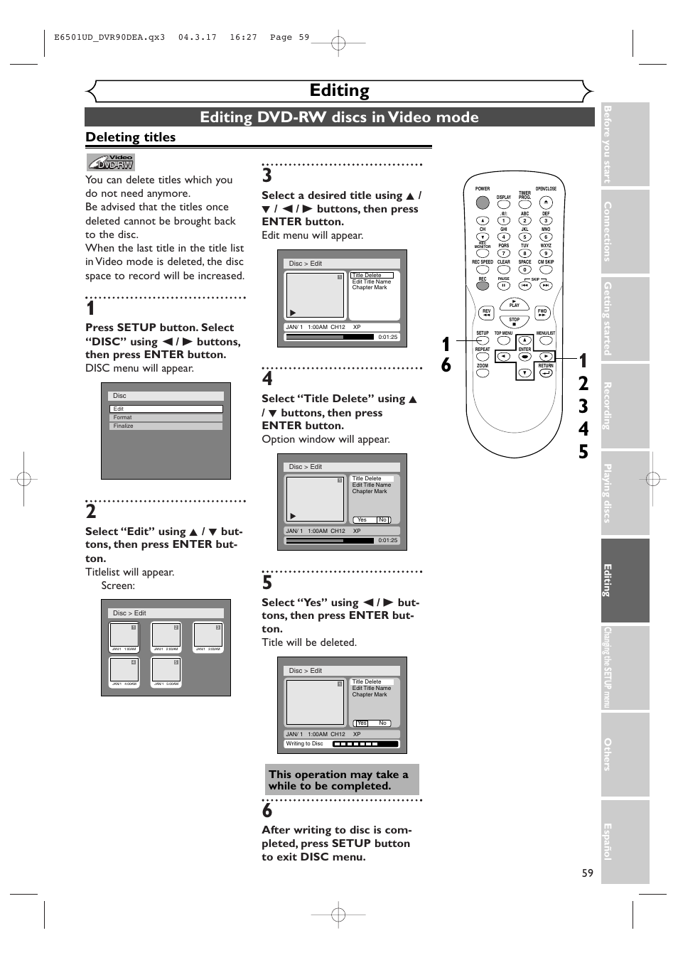 Editing, Editing dvd-rw discs in video mode, Deleting titles | Sylvania DVR90DEA User Manual | Page 59 / 100