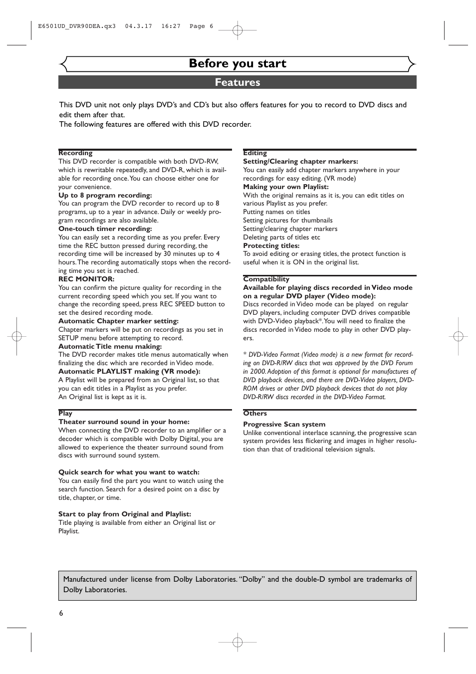 Before you start, Features | Sylvania DVR90DEA User Manual | Page 6 / 100