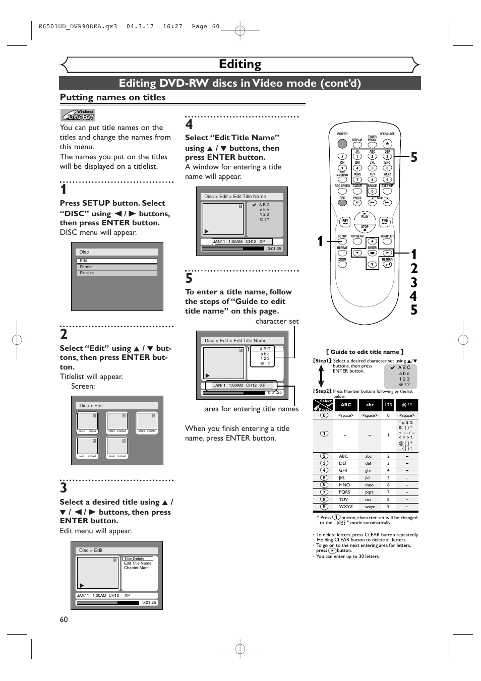 Editing, Editing dvd-rw discs in video mode (cont’d), Putting names on titles | Sylvania DVR90DEA User Manual | Page 60 / 100