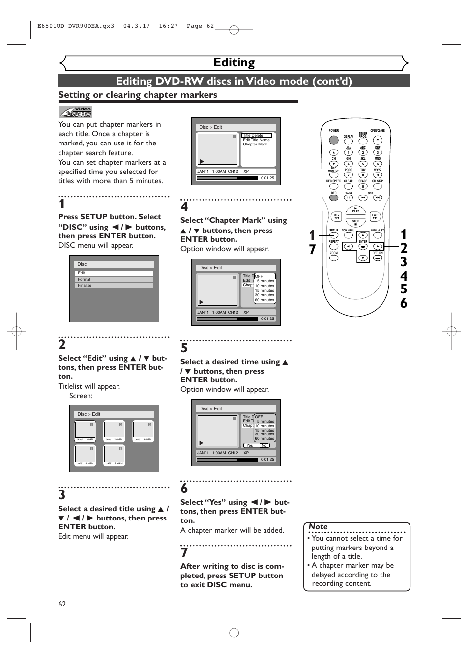 Editing, Editing dvd-rw discs in video mode (cont’d), Setting or clearing chapter markers | Sylvania DVR90DEA User Manual | Page 62 / 100