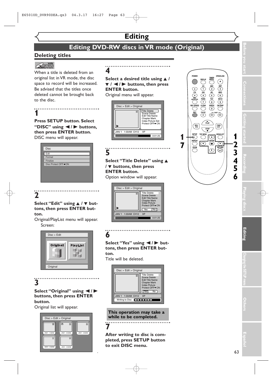 Editing, Editing dvd-rw discs in vr mode (original), Deleting titles | Sylvania DVR90DEA User Manual | Page 63 / 100