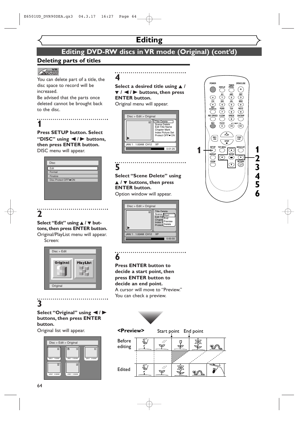 Editing, Deleting parts of titles, Preview | Before editing | Sylvania DVR90DEA User Manual | Page 64 / 100